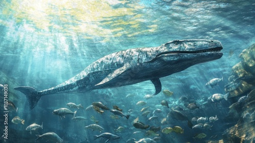 An ichthyosaur gliding through clear, ancient waters, surrounded by schools of prehistoric fish.
