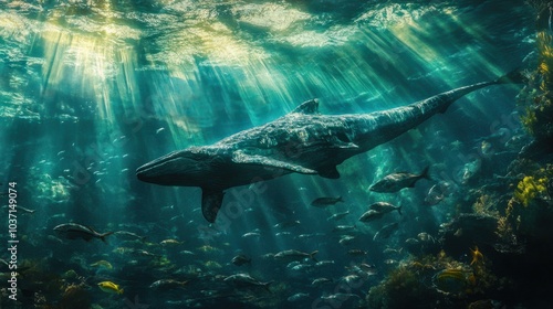 An ichthyosaur gliding through clear, ancient waters, surrounded by schools of prehistoric fish.