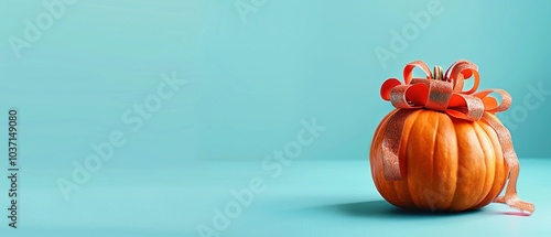 A pumpkin wrapped with a bow as a festive gift on color background photo