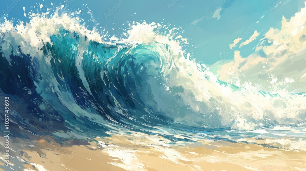 Obraz premium Artistic rendering of powerful sea waves crashing onto a sandy shore, showcasing the beauty and energy of the ocean.