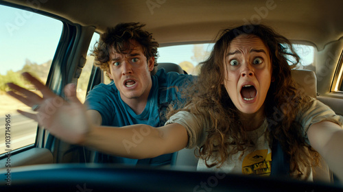 Dramatic Scene of a Couple in a Car Reacting with Shock and Panic While Driving, Perfect for Road Safety Campaigns, Entertainment, or Automotive Projects photo