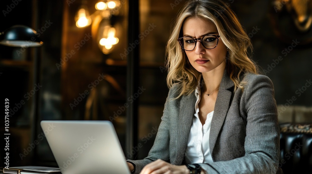Focused Woman Working on Laptop in Modern Office Focused Woman Working on Laptop in Modern Office