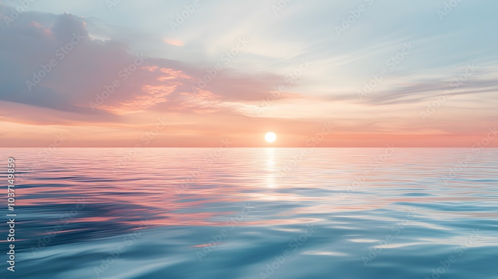 Fototapeta premium 104. A breathtaking view of a sunrise over a calm ocean, with soft pastel colors reflecting on the water