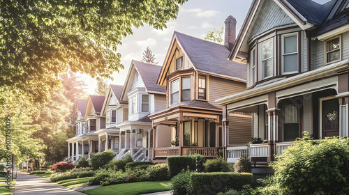 Real Estate - A row of charming Victorian houses lined with greenery in a serene neighborhood.