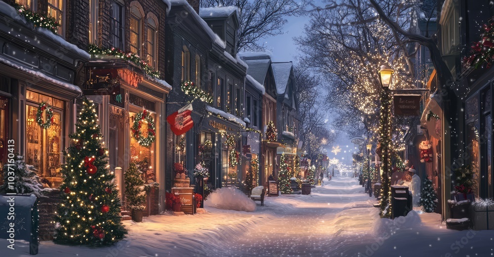 Fototapeta premium Charming Winter Street Scene with Festive Decorations. AI generated illustration.