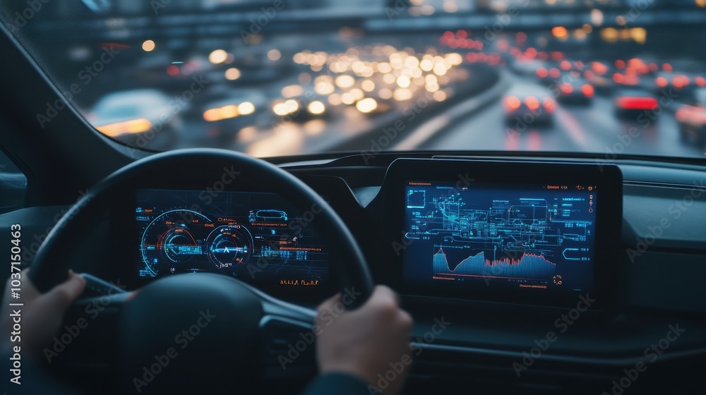 Autonomous vehicle dashboard showing digital telemetry data as it smoothly navigates a busy road, highlighting futuristic driving technology. Autonomous vehicle dashboard showing digital telemetry data as it smoothly navigates a busy road, highlighting futuristic driving technology.