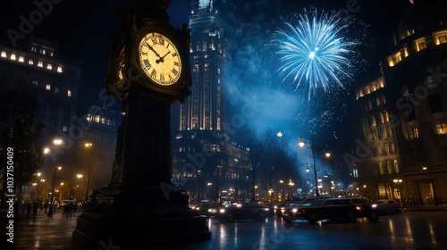 New Year's countdown on a large clock in a city square, with fireworks ready to explode at midnight photo