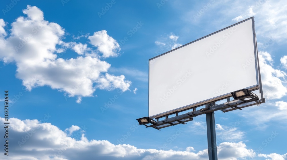 Blank billboard standing tall against a blue sky with fluffy white clouds, ready for your message or design. Blank billboard standing tall against a blue sky with fluffy white clouds, ready for your message or design.