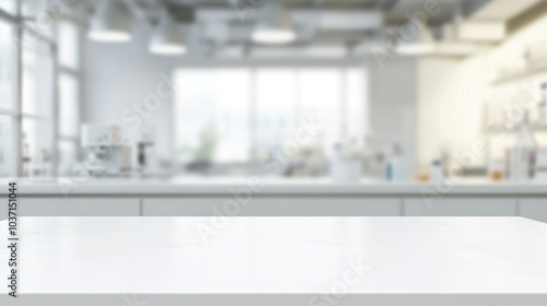 Blurred lab interior featuring an empty white table for product display. Professional environment ideal for medical or tech products.