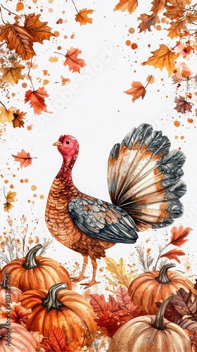 A vibrant illustration of a turkey surrounded by pumpkins and autumn leaves, embodying the essence of fall and festive celebrations. photo