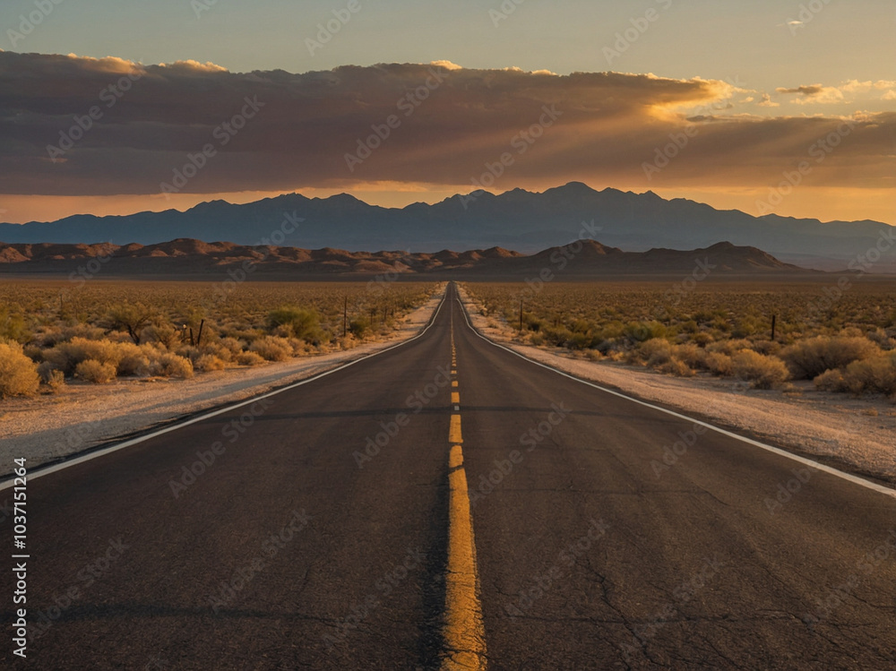 Fototapeta premium A long straight road leading to a bright glowing light at the horizon, symbolizing the journey toward success and victory.