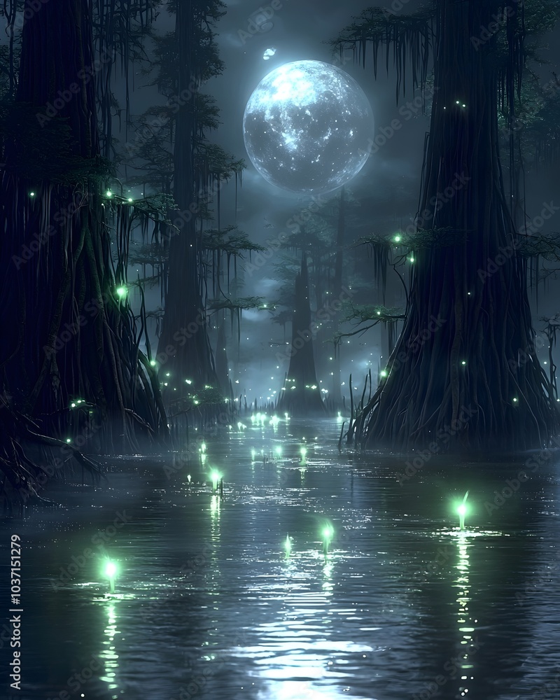 A serene nighttime scene featuring a mystical bayou with glowing fireflies and a full moon reflecting on the water, creating an enchanting atmosphere. A serene nighttime scene featuring a mystical bayou with glowing fireflies and a full moon reflecting on the water, creating an enchanting atmosphere.