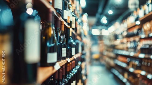 Wallpaper Mural Blurred wine shop shelves filled with bottles, creating a soft, ambient background ideal for marketing or retail themes Torontodigital.ca