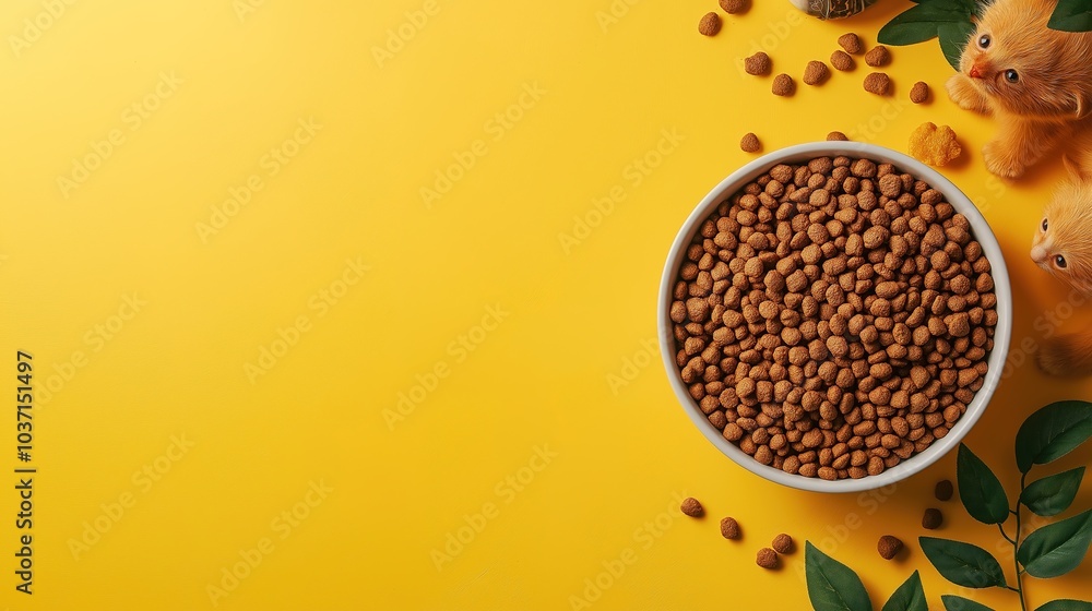 Obraz premium Pet accessories, dry food in bowl, toys on green table. Top view flat lay for pet store banner design with copy space. A perfect setup for showcasing pet supplies.