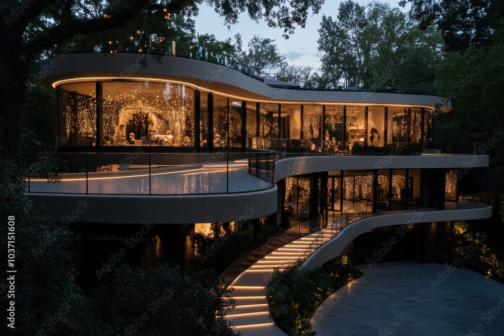 Fototapeta premium A modern multi-level home nestled in trees exudes warmth with elegant ambient lighting, showcasing an environmentally harmonious blend of nature and design.