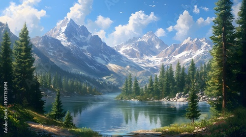 Fototapeta Naklejka Na Ścianę i Meble -  116. A stunning view of a mountain lake surrounded by evergreen trees and snow-capped peaks