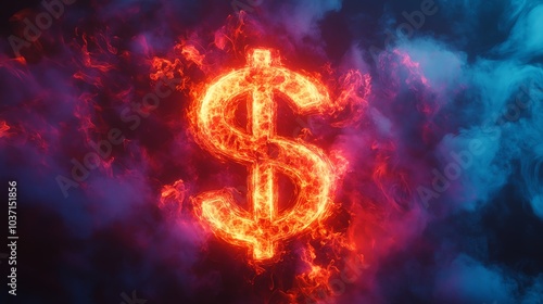 Flaming dollar sign on colorful smoke background, digital art concept.