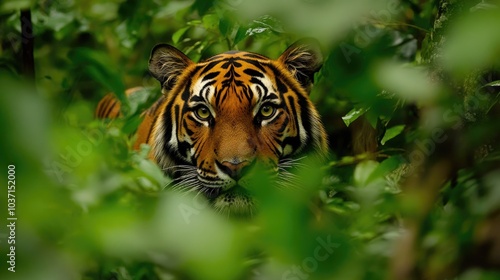 Fierce Tiger Staring Through Lush Greenery