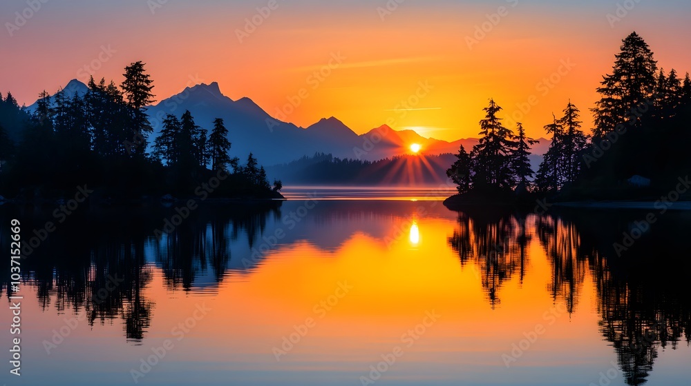 123. A stunning view of a sunset over a calm lake, with silhouettes of trees and mountains reflected in the water 123. A stunning view of a sunset over a calm lake, with silhouettes of trees and mountains reflected in the water
