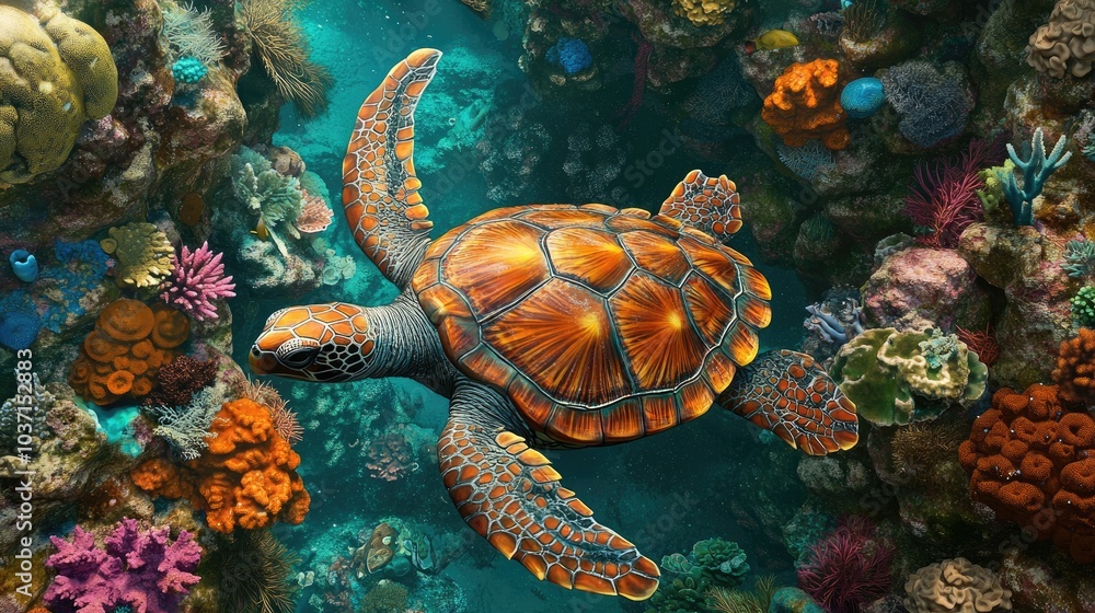 Vibrant Sea Turtle Swimming Among Coral Reef Vibrant Sea Turtle Swimming Among Coral Reef