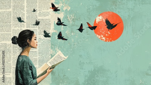 Woman reading with birds flying