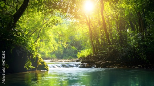 124. A tranquil river winding through a lush forest, with sunlight filtering through the leaves