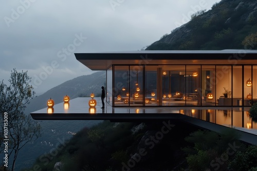 An elegant mountainside glass retreat displays glowing pumpkins, merging modern architectural style with seasonal charm, offering warmth and breathtaking views.