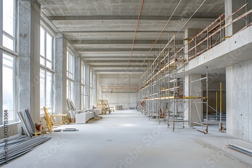 Empty interior of a building under construction with scaffolding and large windows