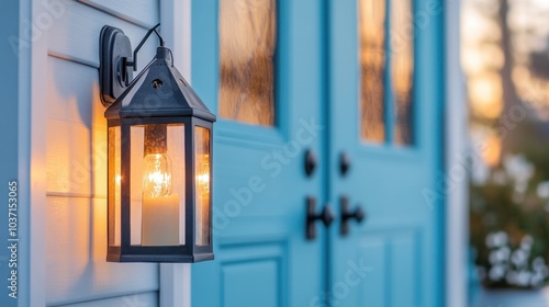 Close-up of a beautiful blue front door with lit lanterns casting a soft glow, perfect for real estate or home design themes.