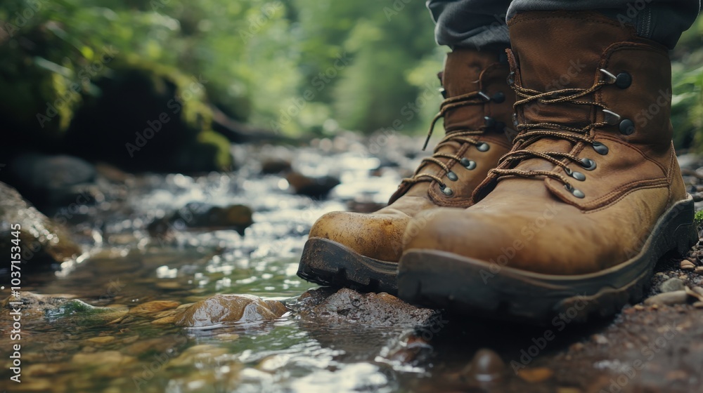 Close-up of hiking boots by a small stream in a forest, with natural surroundings offering a sense of tranquility. Close-up of hiking boots by a small stream in a forest, with natural surroundings offering a sense of tranquility.