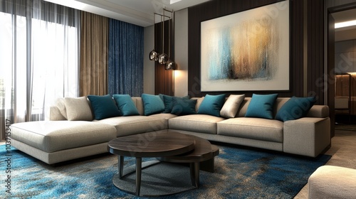 A modern living area featuring a large beige sectional sofa, blue cushions, abstract painting, and elegant lighting decorations.