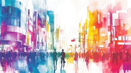 Colorful watercolor cityscape featuring tall buildings, vibrant streets, and a group of people enjoying urban life in the foreground.