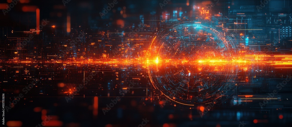 Fototapeta premium A digital landscape featuring glowing lines and spherical elements, evoking a futuristic theme.