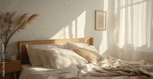 Cozy Beige Bedroom. AI generated illustration.