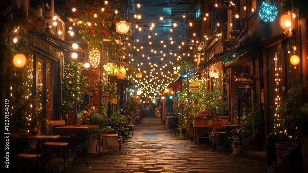A charming alley adorned with string lights and greenery, creating a cozy atmosphere for leisure. A charming alley adorned with string lights and greenery, creating a cozy atmosphere for leisure.