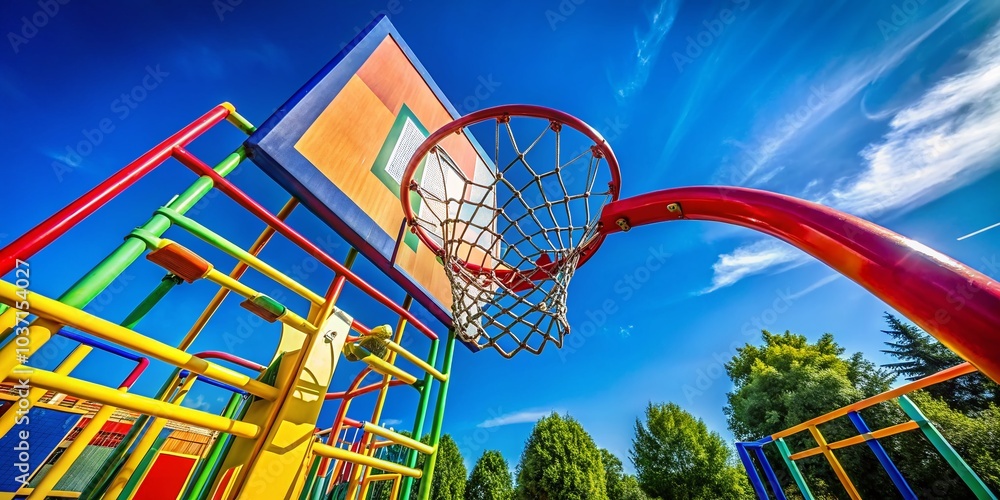 Basketball Hoop on Playground Under Bright Blue Sky - Perfect for Sports and Outdoor Activities Photography Basketball Hoop on Playground Under Bright Blue Sky - Perfect for Sports and Outdoor Activities Photography