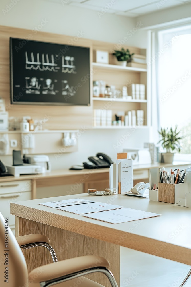 A modern office space with a desk, documents, and a digital display on the wall. A modern office space with a desk, documents, and a digital display on the wall.