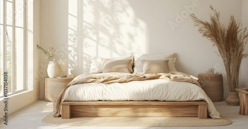 Cozy Beige Bedroom. AI generated illustration.
