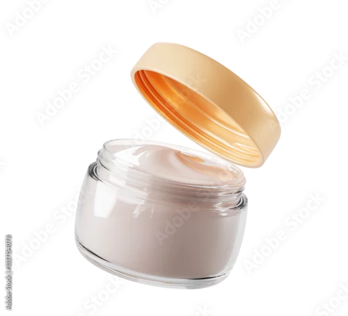 Obraz 3d glass jar with cream, cosmetic transparent container mock up isolated on transparent background png render icon. Realistic open clear package with white beauty skincare product. 3D illustration