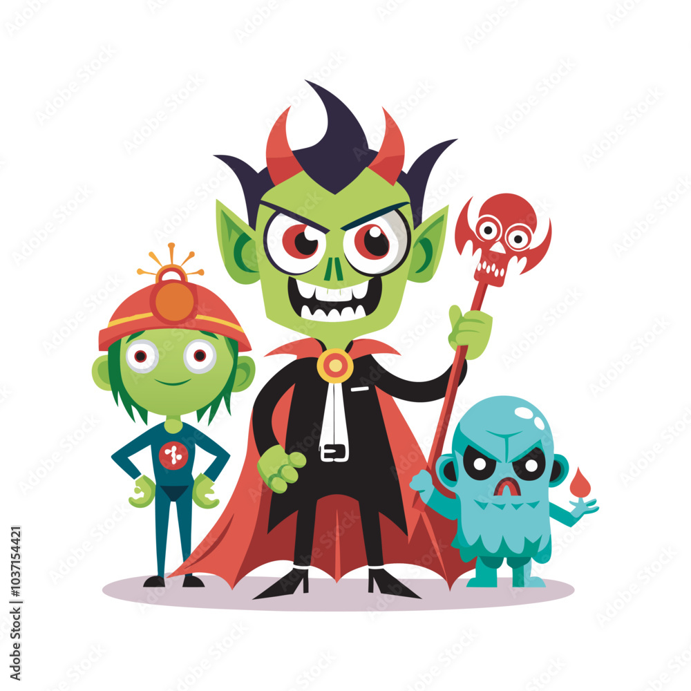 Halloween cartoon monster characters with a devilish leader and minions. Halloween cartoon monster characters with a devilish leader and minions.