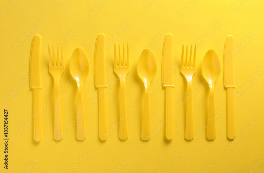 Plastic forks, spoons and knives on yellow background Plastic forks, spoons and knives on yellow background