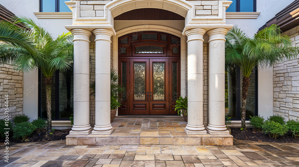 Fototapeta premium Elegant stone house entrance with wooden door and decorative columns
