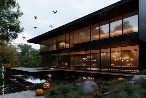 A striking contemporary house featuring floor-to-ceiling windows, adorned with Halloween pumpkins and twinkling lights, harmoniously blending with the landscape. photo