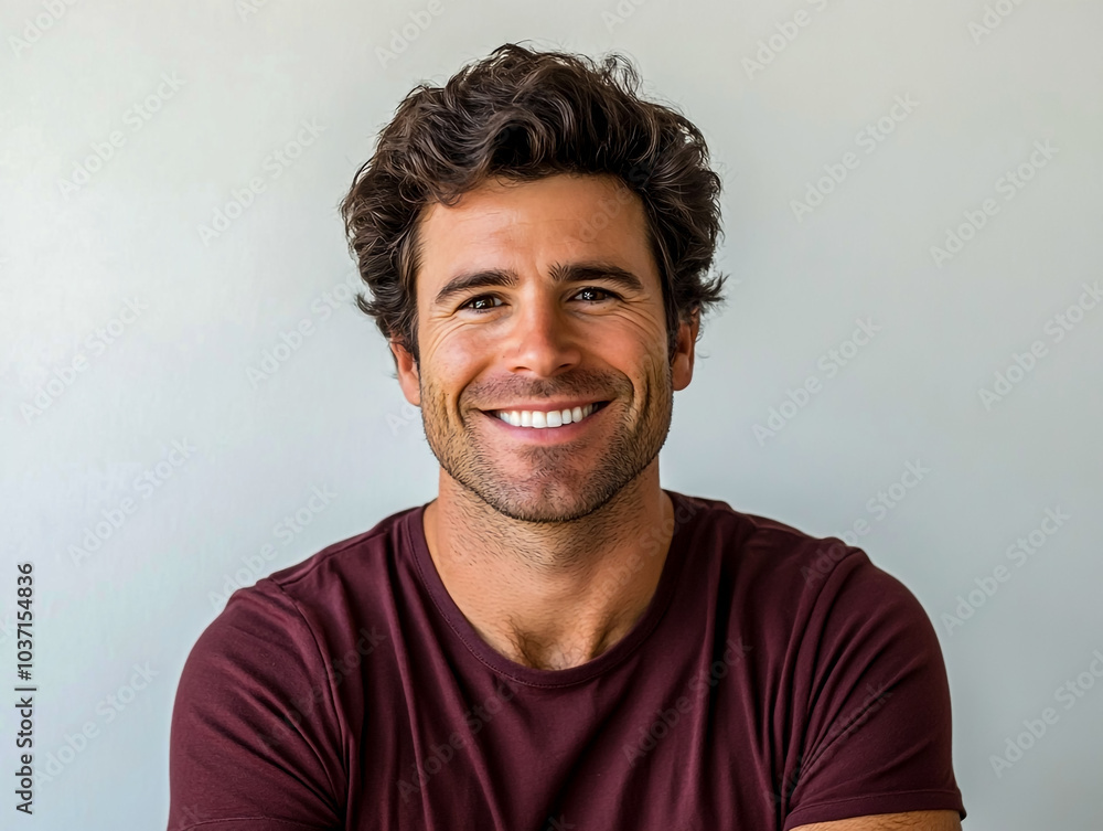 A man with dark brown hair and eyes, wearing a maroon short-sleeved shirt, smiling. A man with dark brown hair and eyes, wearing a maroon short-sleeved shirt, smiling.