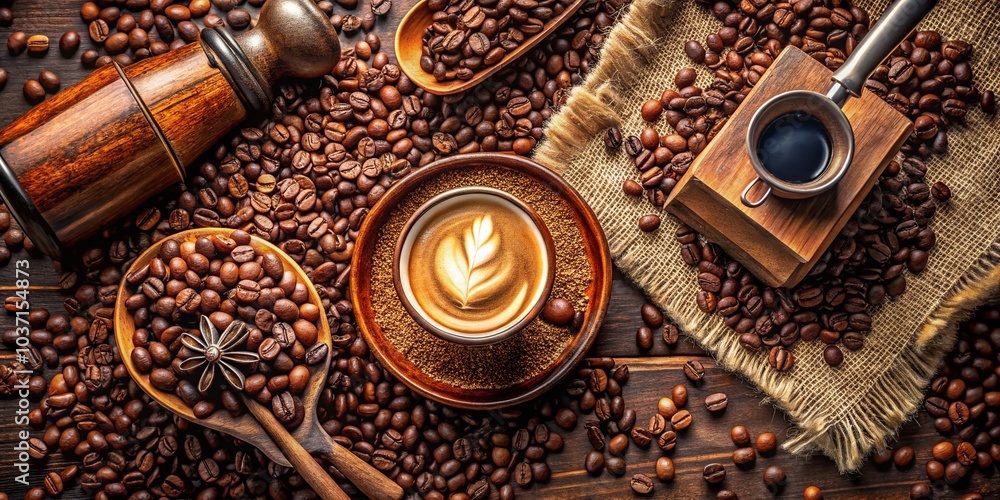 Beautiful Flat Lay of Coffee Tools - Cup, Grinder, and Beans in Minimalist Style for Coffee Lovers Beautiful Flat Lay of Coffee Tools - Cup, Grinder, and Beans in Minimalist Style for Coffee Lovers