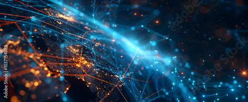 Abstract digital background with glowing blue and orange grid lines on a dark space, a global network concept and world map technology wallpaper.