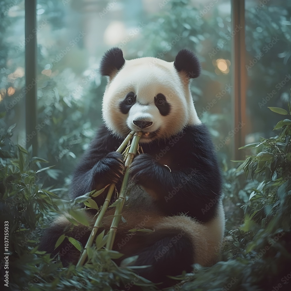 Obraz premium A serene giant panda munches on bamboo amidst lush green foliage, embodying a peaceful moment in its natural habitat.