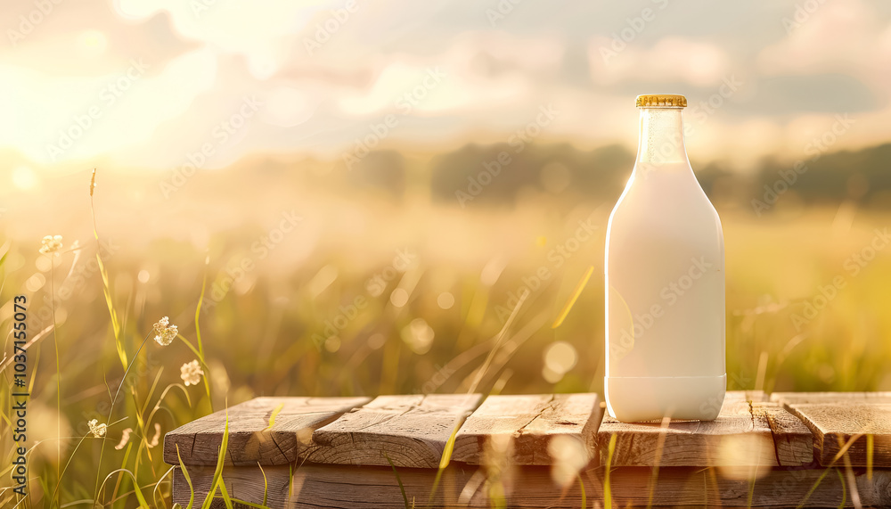 Glass bottle of milk is sitting on a wooden table in a field. The bottle is half full and the grass around it is tall and green. The scene is peaceful and serene Glass bottle of milk is sitting on a wooden table in a field. The bottle is half full and the grass around it is tall and green. The scene is peaceful and serene