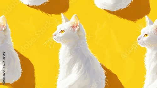 Cute white cat pattern on a bright yellow background, ideal for wallpaper or fabric designs, showcasing feline charm.