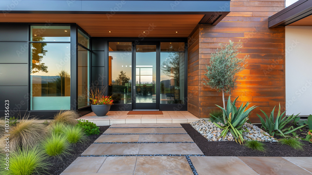 Modern house entrance with large glass doors and warm lighting in evening setting Modern house entrance with large glass doors and warm lighting in evening setting